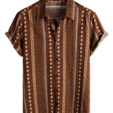 Men's 1970s Retro Vintage Cotton Short-Sleeve Shirt with Buttons, Stripes, Navy