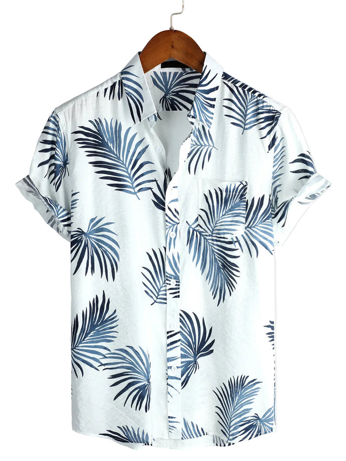Summer Cotton Short Sleeve Shirt with Buttons and Pocket for Men, Casual, Hawaiian