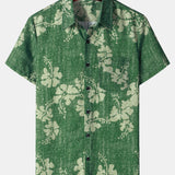 Green Button-Up Short Sleeve Shirt with Hawaiian Floral Pocket