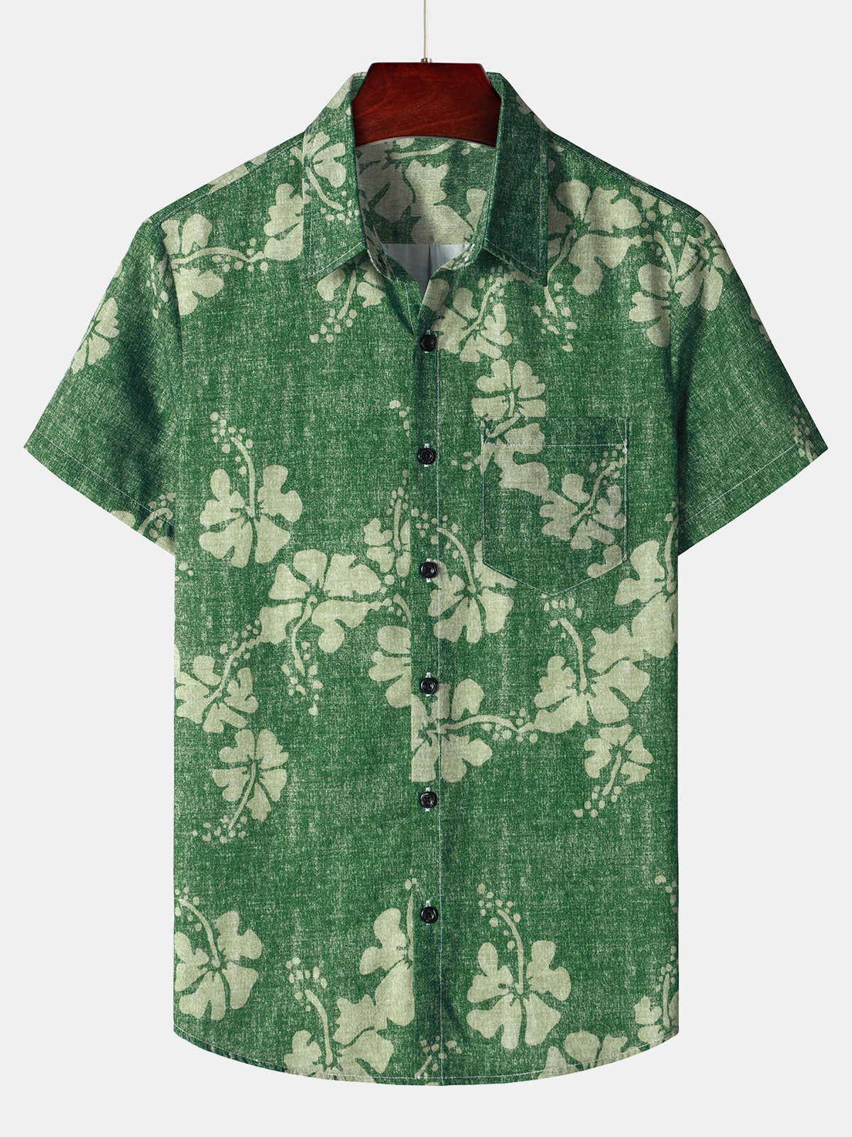 Green Button-Up Short Sleeve Shirt with Hawaiian Floral Pocket