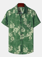 Green Button-Up Short Sleeve Shirt with Hawaiian Floral Pocket