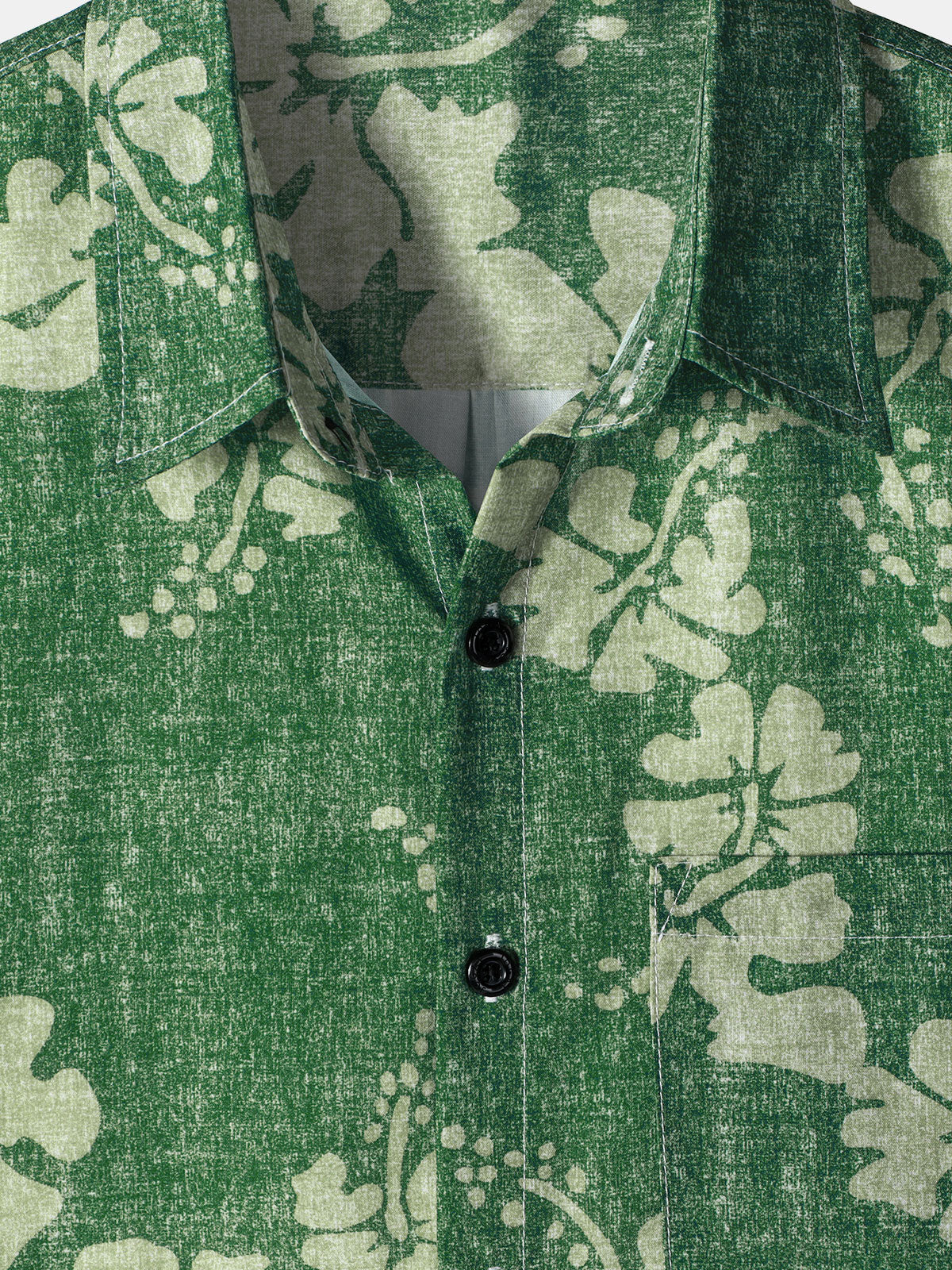 Green Button-Up Short Sleeve Shirt with Hawaiian Floral Pocket