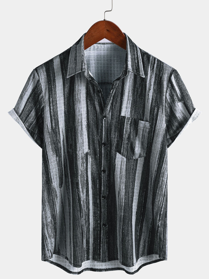 Vintage Hawaiian Black Striped Short Sleeve with Buttons Shirt