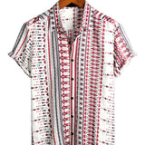 White and Red Striped Cotton Short Sleeve Beach Shirt for Men