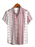White and Red Striped Cotton Short Sleeve Beach Shirt for Men