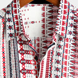White and Red Striped Cotton Short Sleeve Beach Shirt for Men