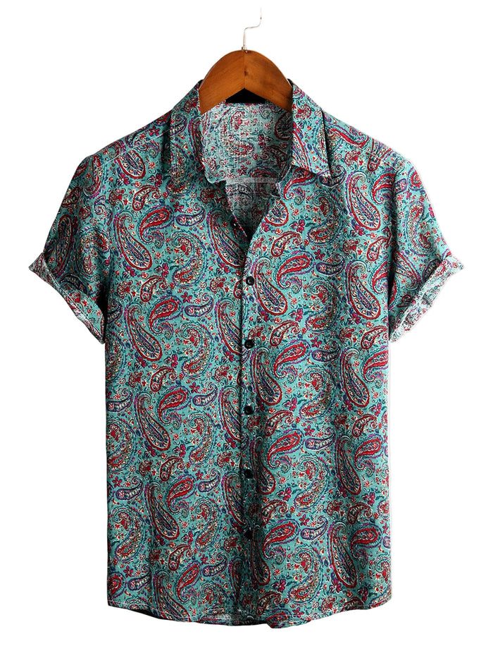 Vintage Cotton Shirt with Short Sleeves with Paisley Pattern for Men