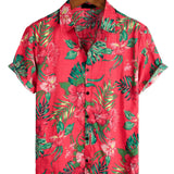 Men's Hawaiian-Style Cotton Short-Sleeve Shirt with Red Flowers