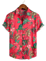 Men's Hawaiian-Style Cotton Short-Sleeve Shirt with Red Flowers