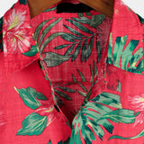 Men's Hawaiian-Style Cotton Short-Sleeve Shirt with Red Flowers