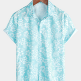 Button-Up Short Sleeve Shirt with Blue Hawaiian Flowers