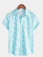 Button-Up Short Sleeve Shirt with Blue Hawaiian Flowers