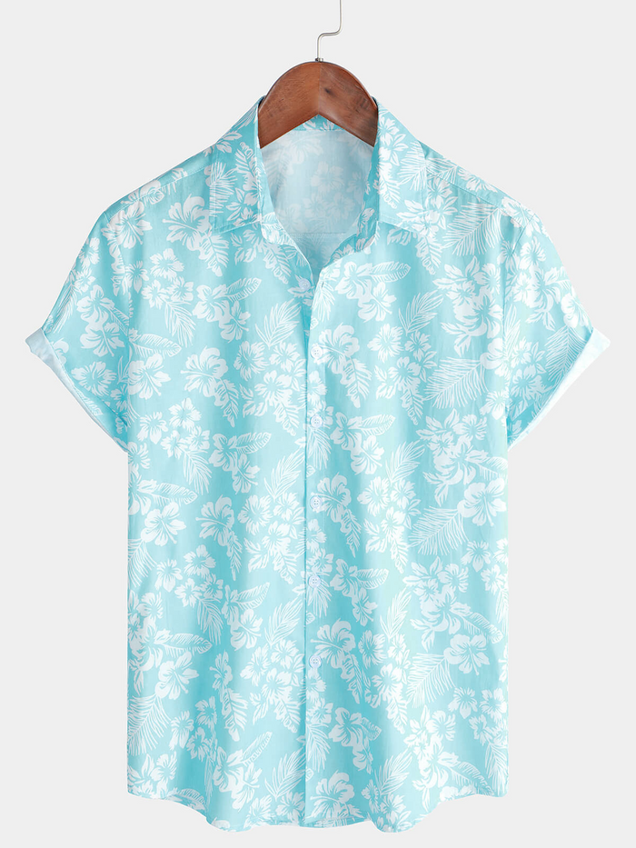 Button-Up Short Sleeve Shirt with Blue Hawaiian Flowers