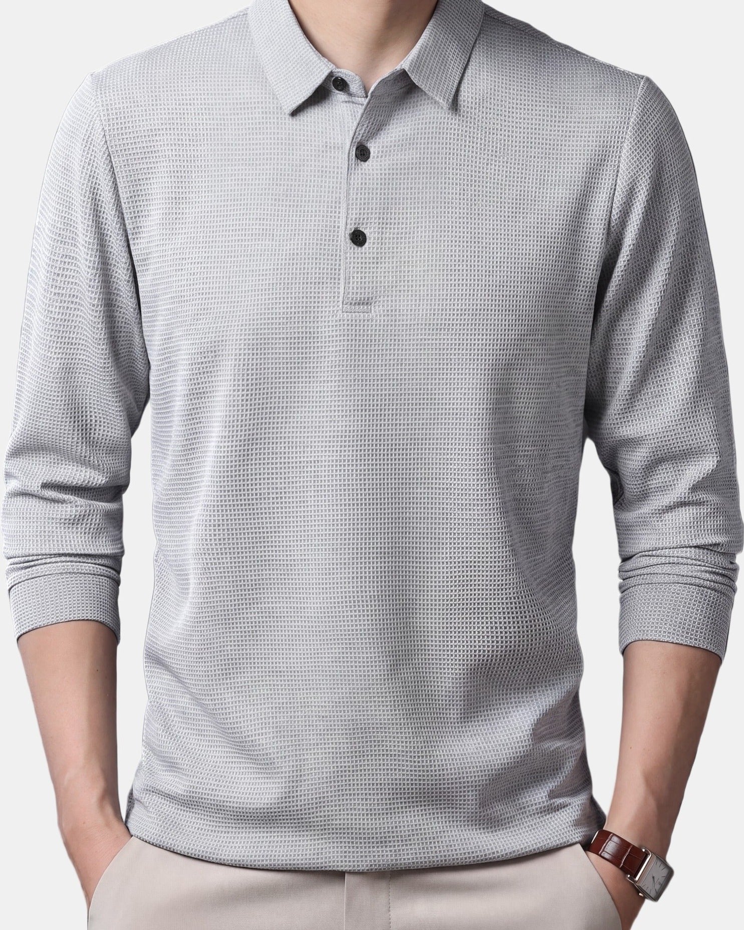 Men's Polo Shirt, Long Sleeve in Light Gray