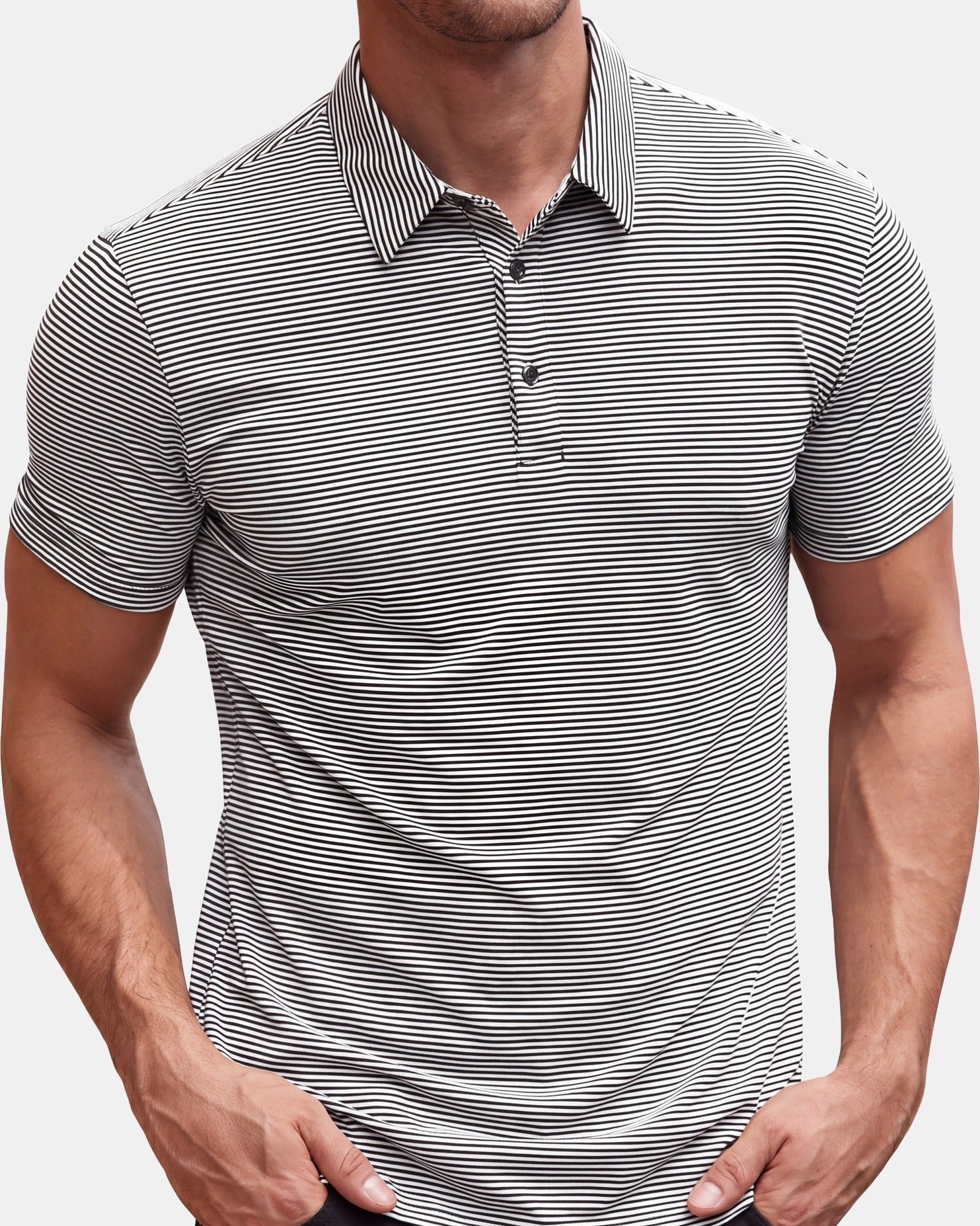 Men's Polo Shirt, Striped, Green and White in Light Gray