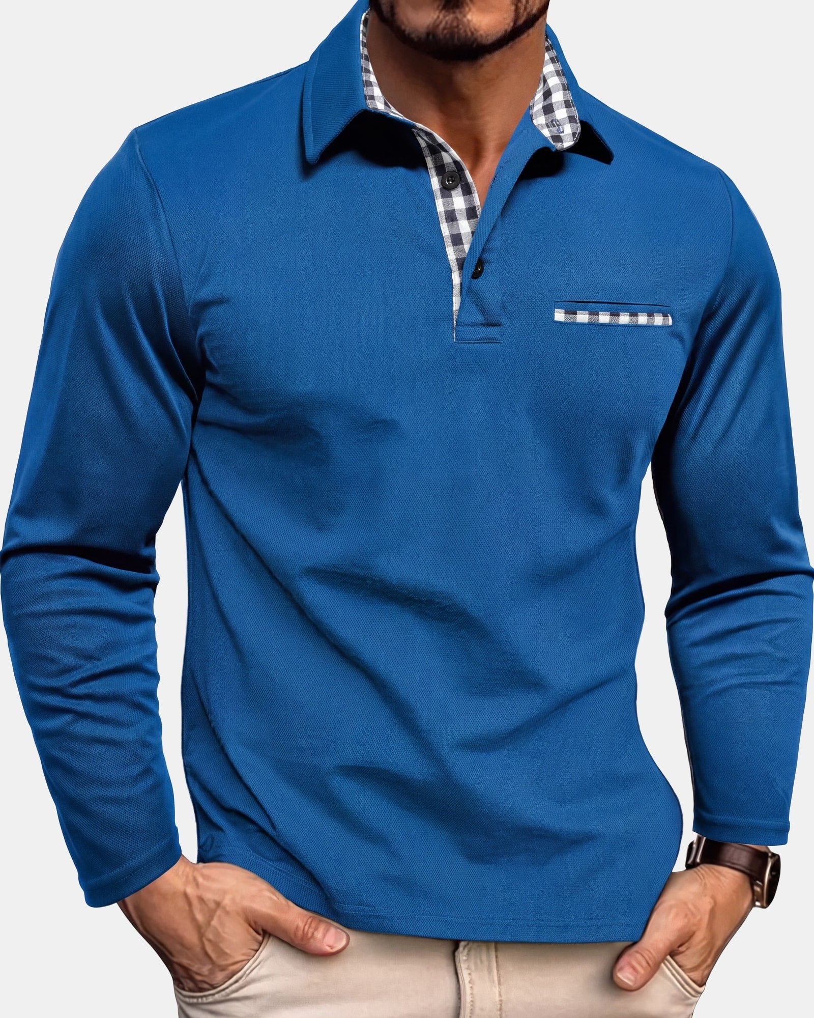 Men's Polo Shirt Long Sleeve Blue, photo studio