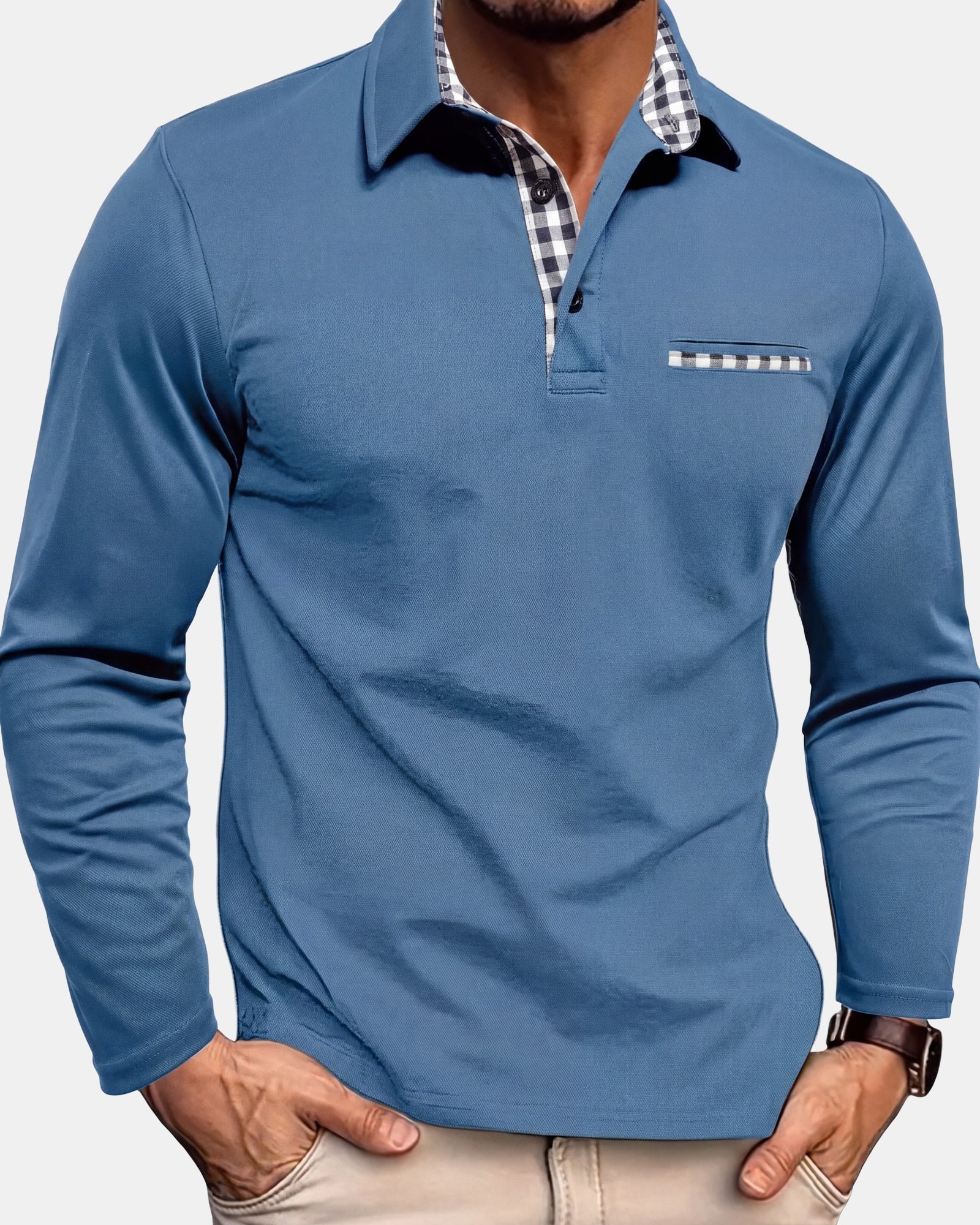Men's Polo Shirt Long Sleeve Light Blue, photo studio