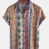Button-Up Short Sleeve Shirt with Retro Striped Print