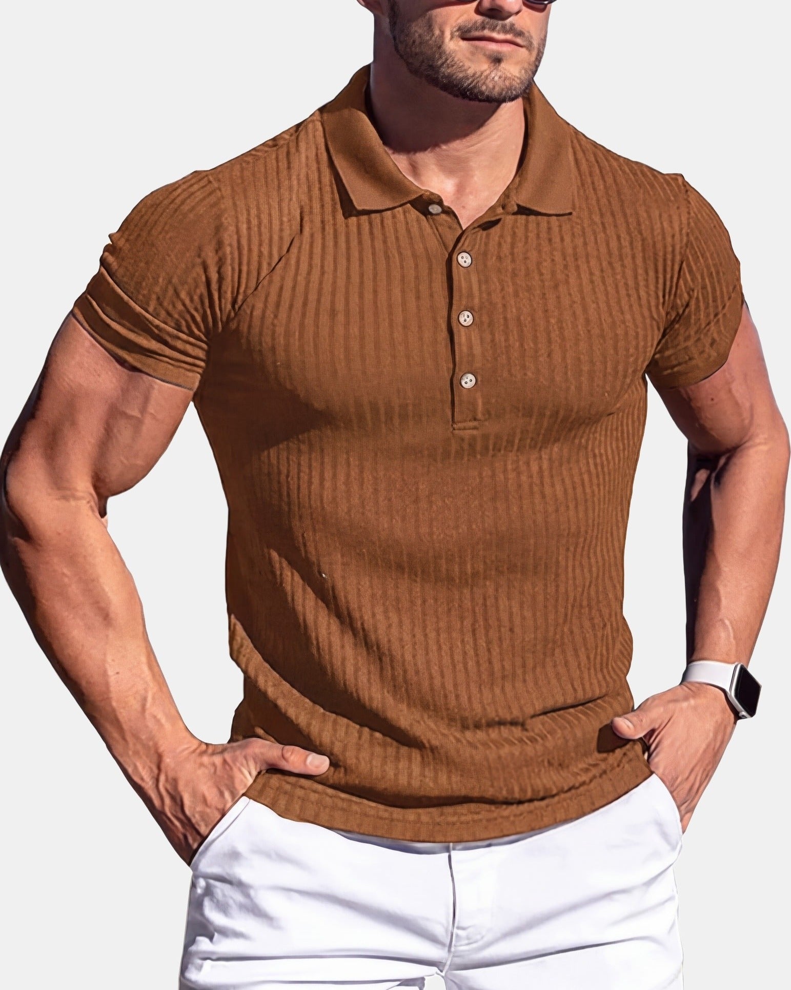 Men's Cotton Polo Shirt, Striped in Khaki