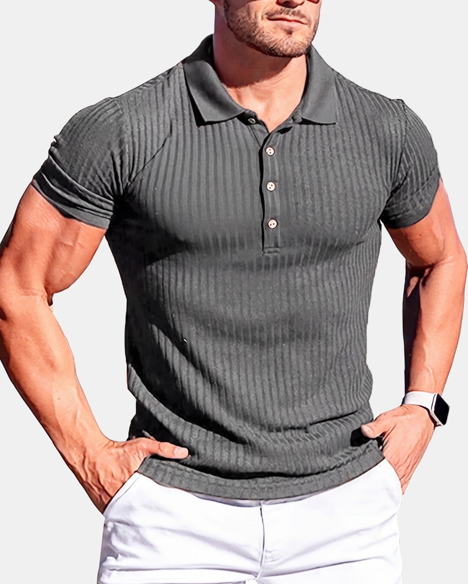 Men's Cotton Polo Shirt, Striped in Dark Gray