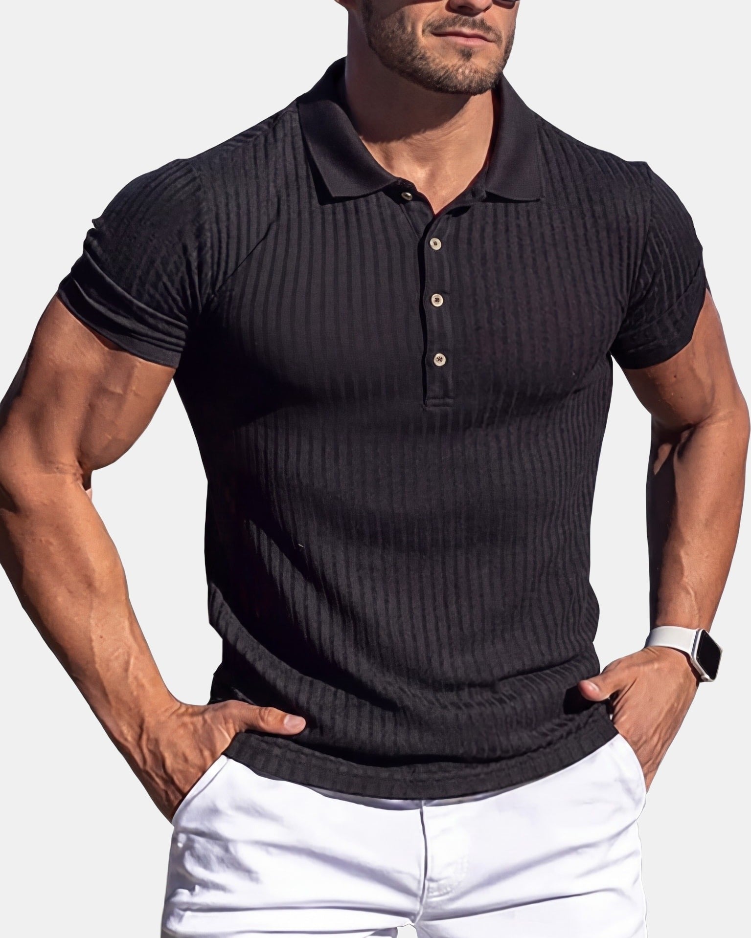 Men's Cotton Polo Shirt, Striped in Black