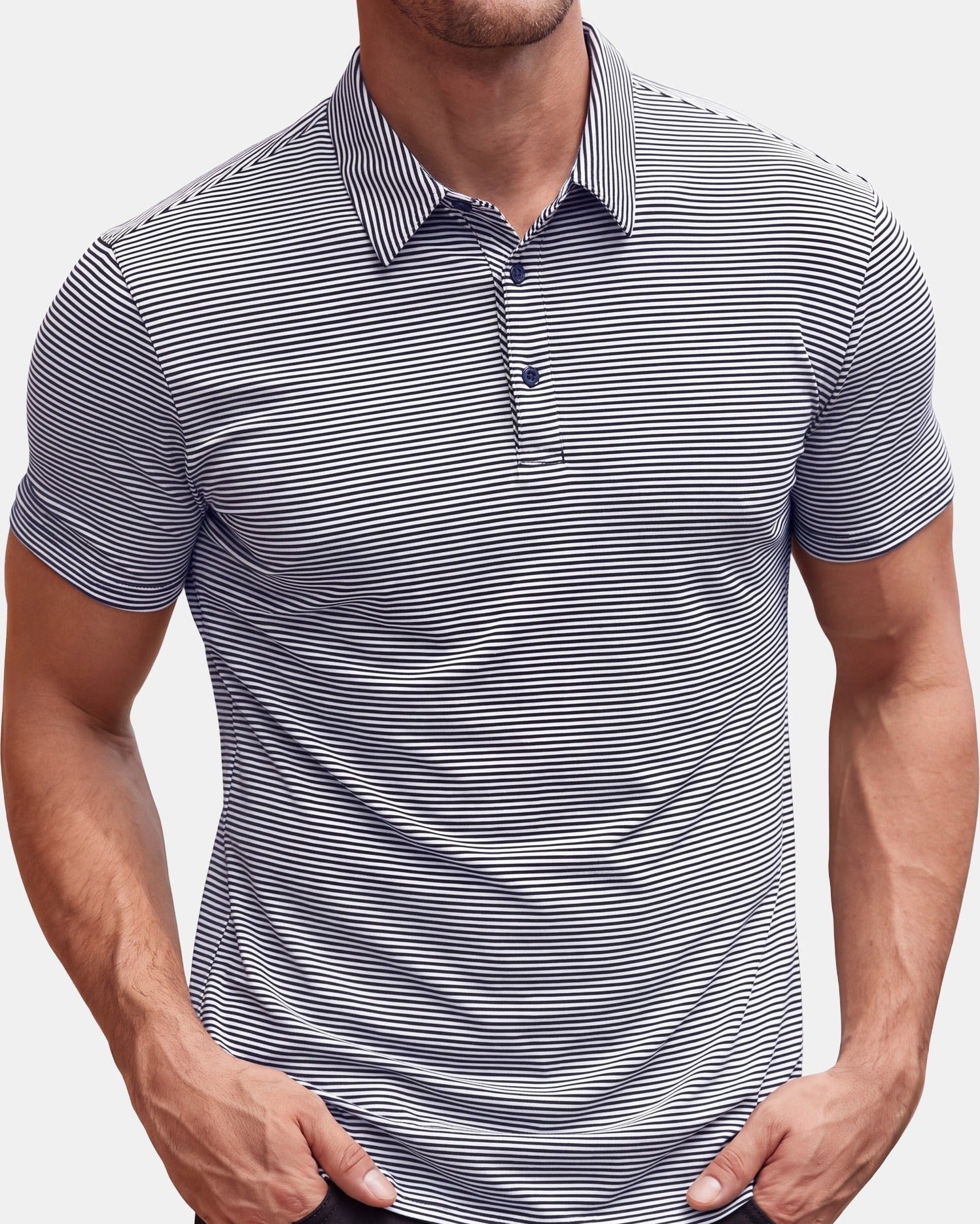 Men's Polo Shirt, Striped, Green and White in Dark Gray