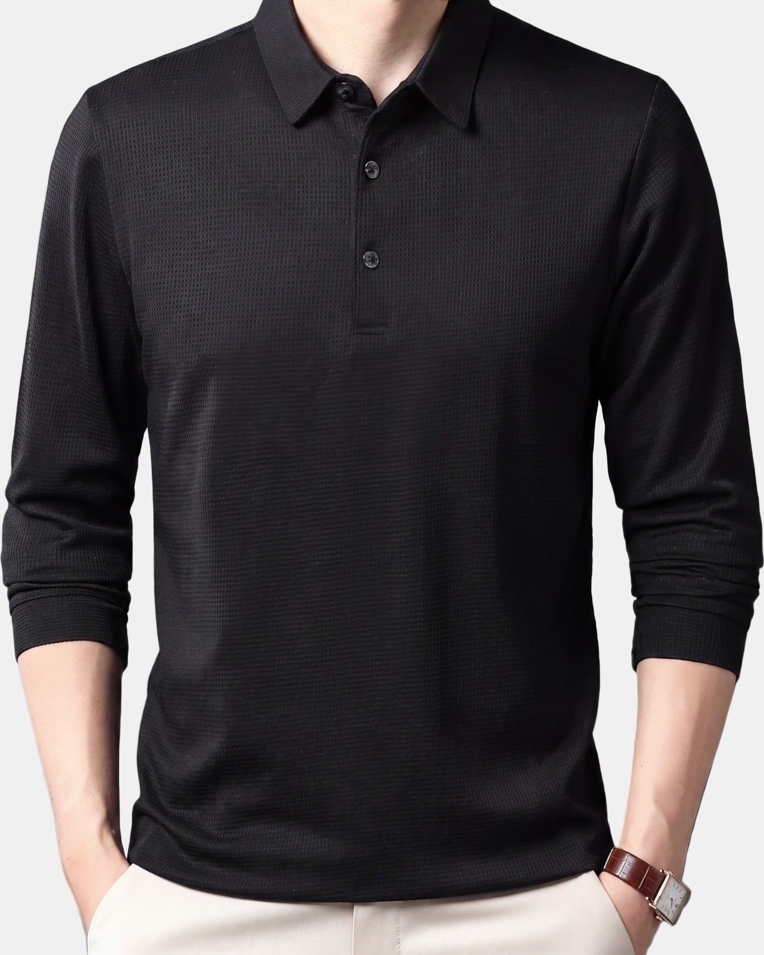 Men's Polo Shirt, Long Sleeve in Black
