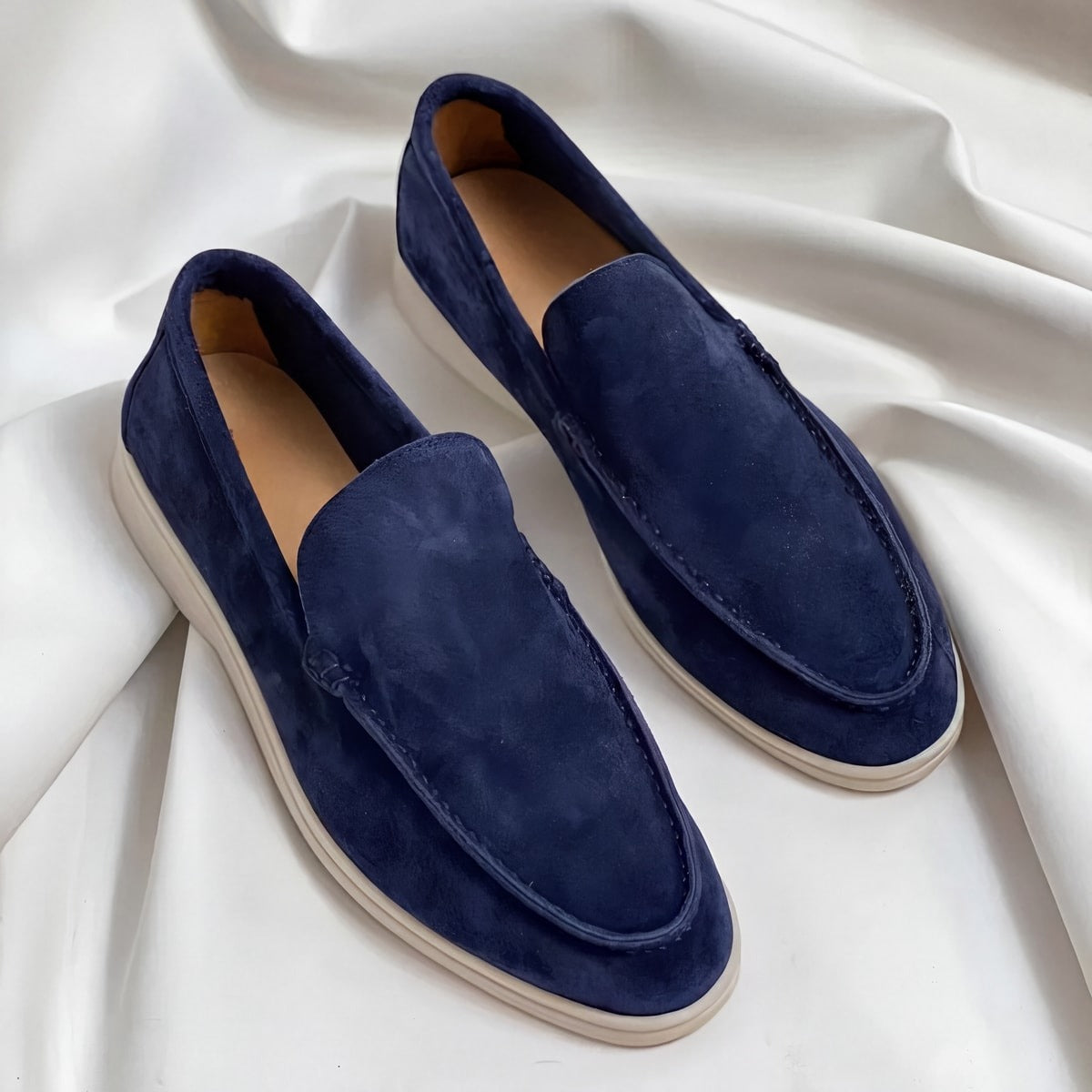 Elegant Suede Loafers Navy Blue, photo studio