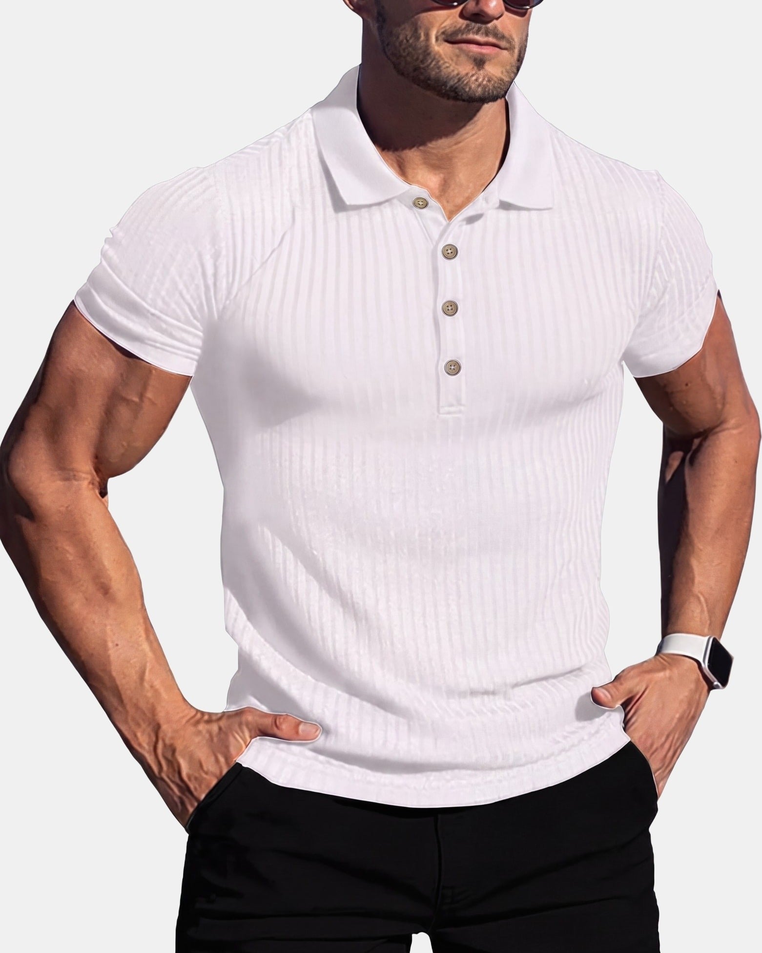 Men's Cotton Polo Shirt, Striped in White