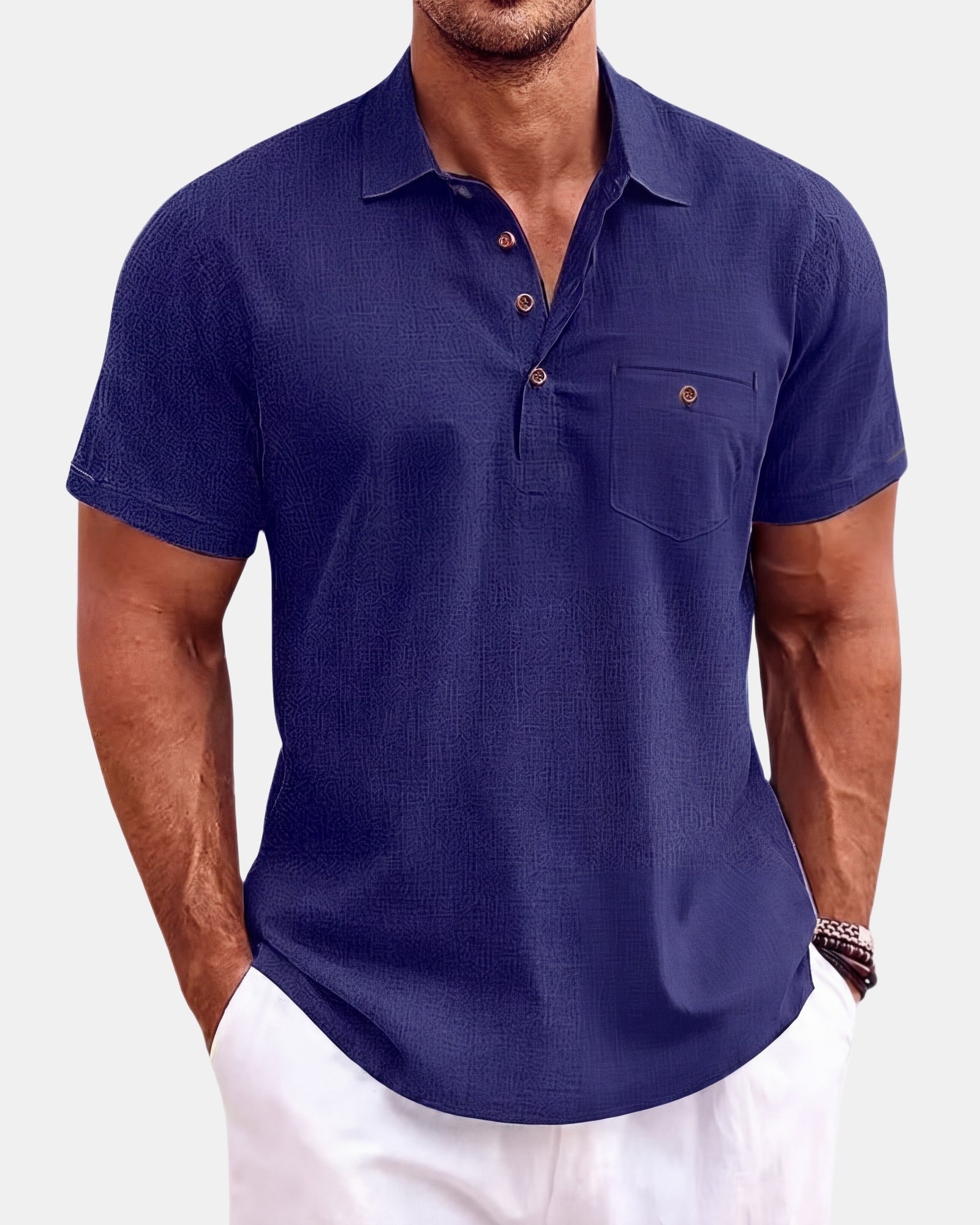 Men's Linen Polo Shirt Navy, photo studio