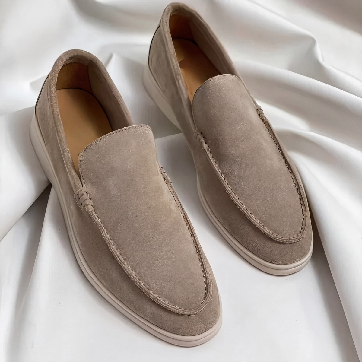 Elegant Suede Loafers Khaki, photo studio