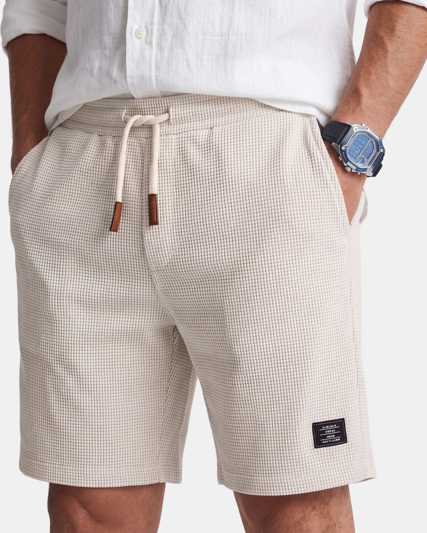 Archie - Casual Textured Knit Shorts White, photo studio