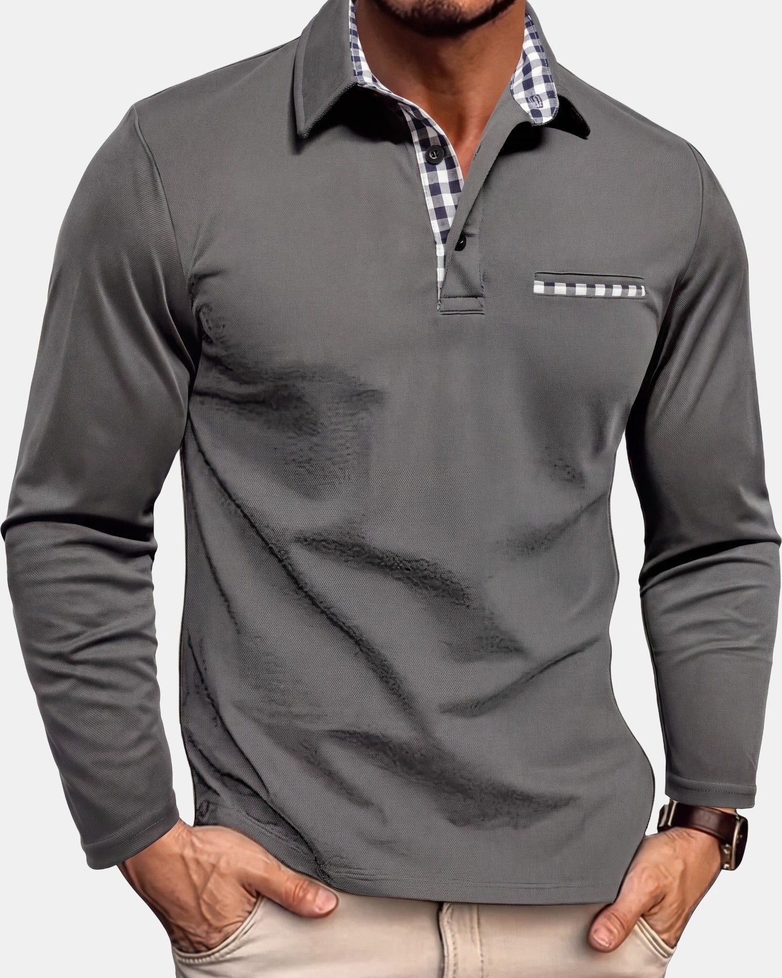 Men's Polo Shirt Long Sleeve Gray, photo studio