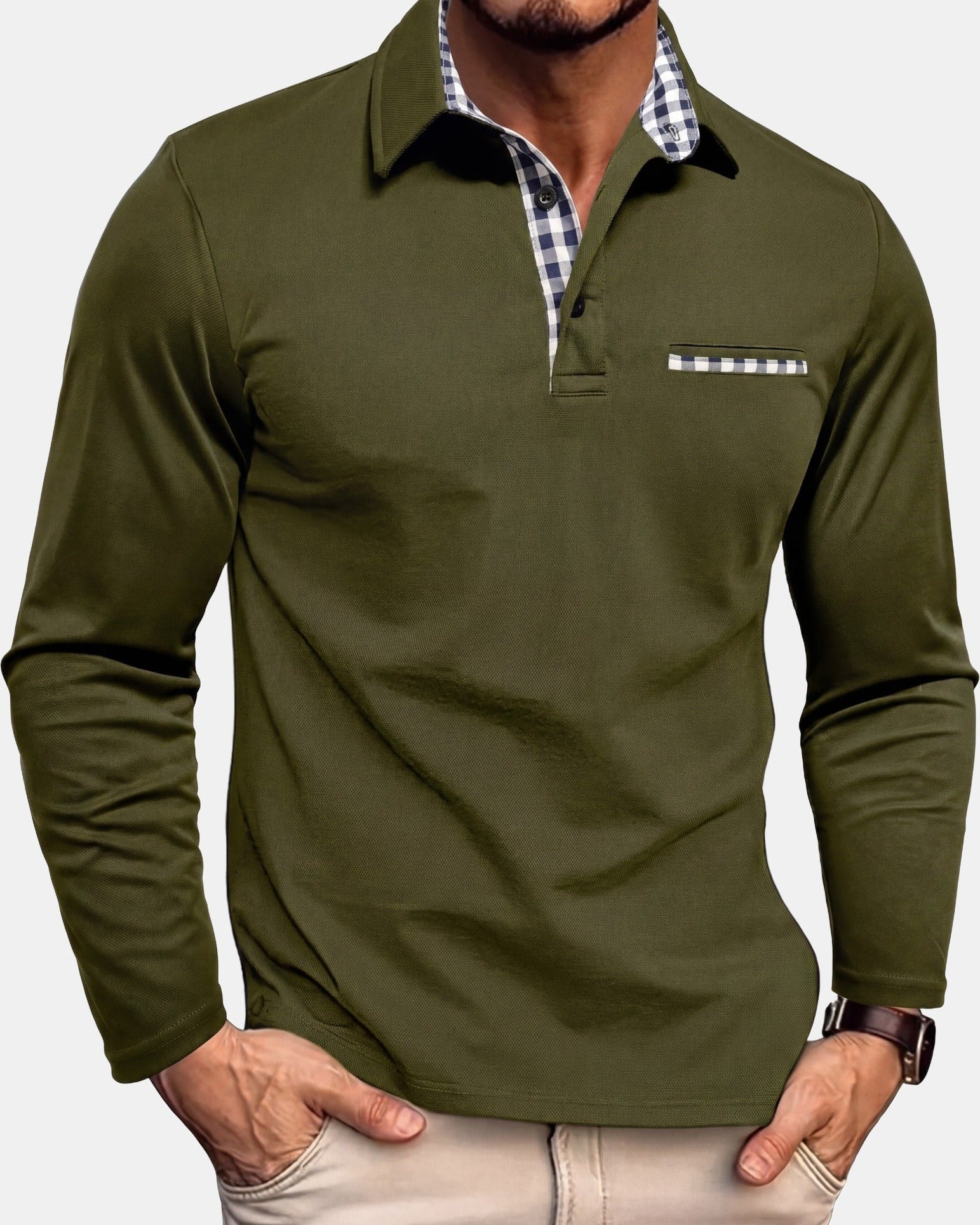 Men's Polo Shirt Long Sleeve Green, photo studio