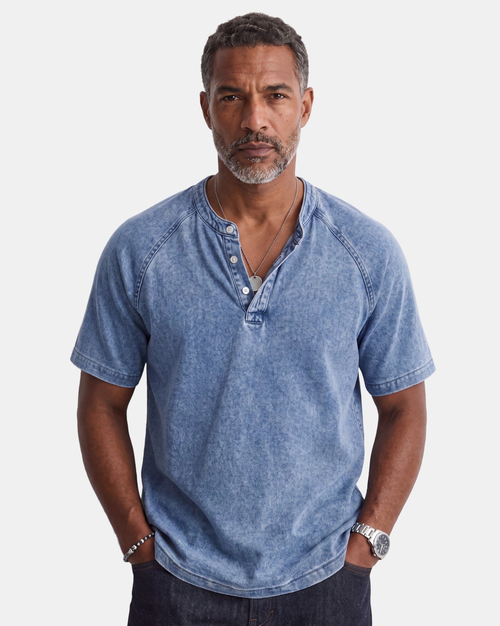 Louis - Vintage Button T-Shirt for Men Blue, photo studio