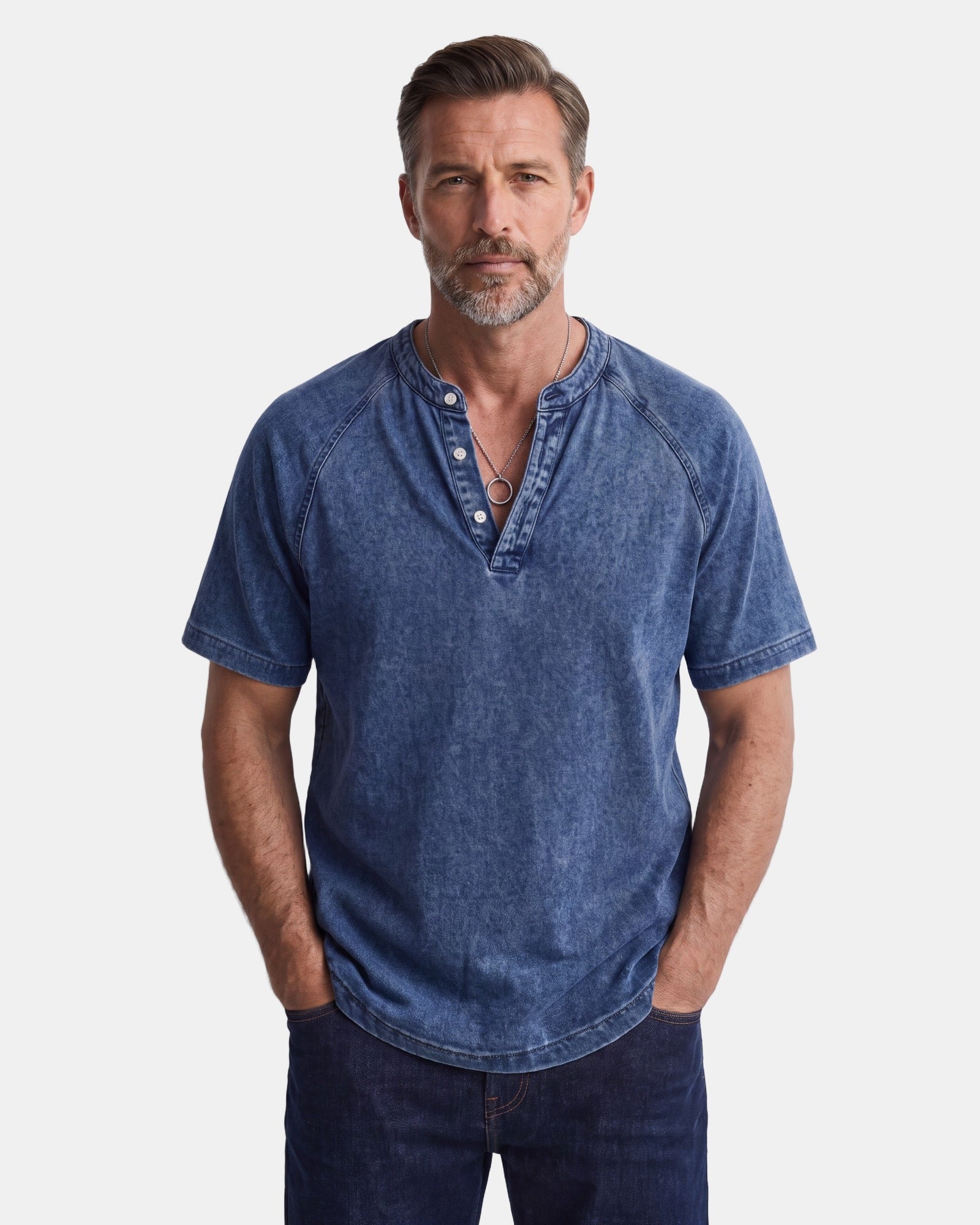 Peter - Vintage Button T-Shirt for Men Dark Blue, photo studio