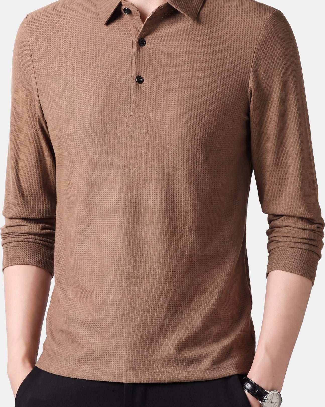 Men's Polo Shirt, Long Sleeve in Brown