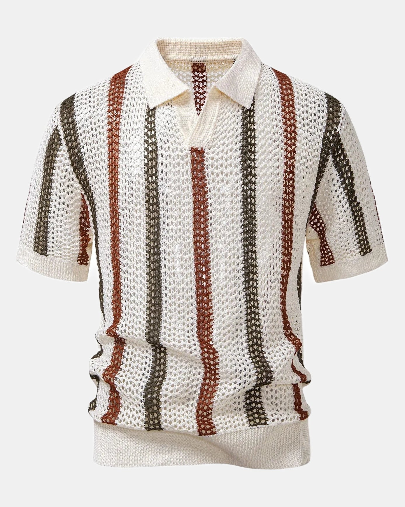 Crochet Men's Polo Shirt, V-Neckline in Beige