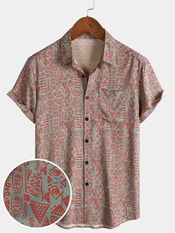 Tribal Geometric Print Bohemian Style Short Sleeve Shirt