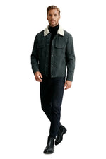 Men's Velvet Jacket with Sherpa Collar and Snaps - Dark Graphite