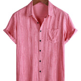 Men's Breathable Cotton Short-Sleeve Shirt with Pocket in Black Stripes