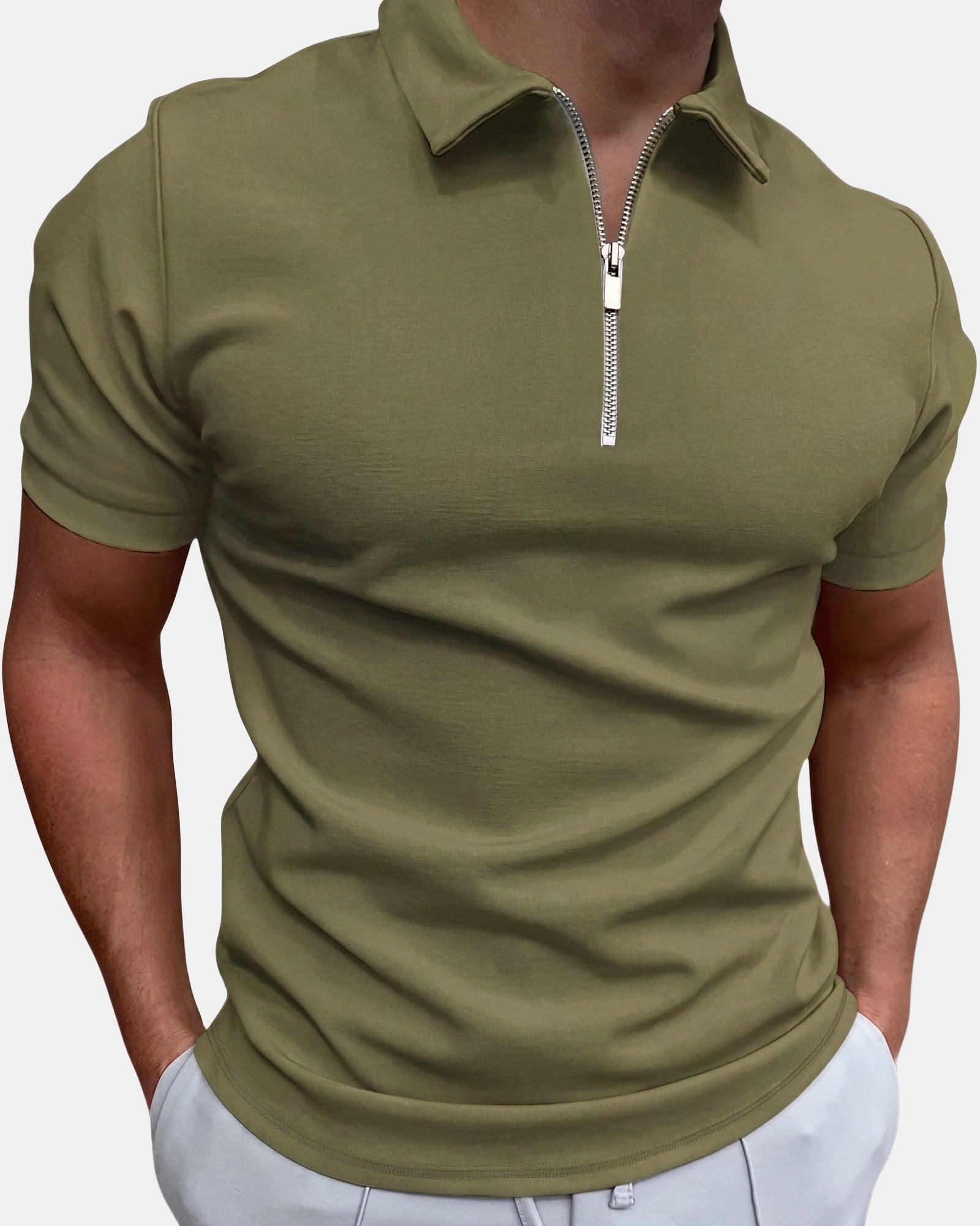 Gregorio Men's Polo Shirt, Quarter Zip in Army green