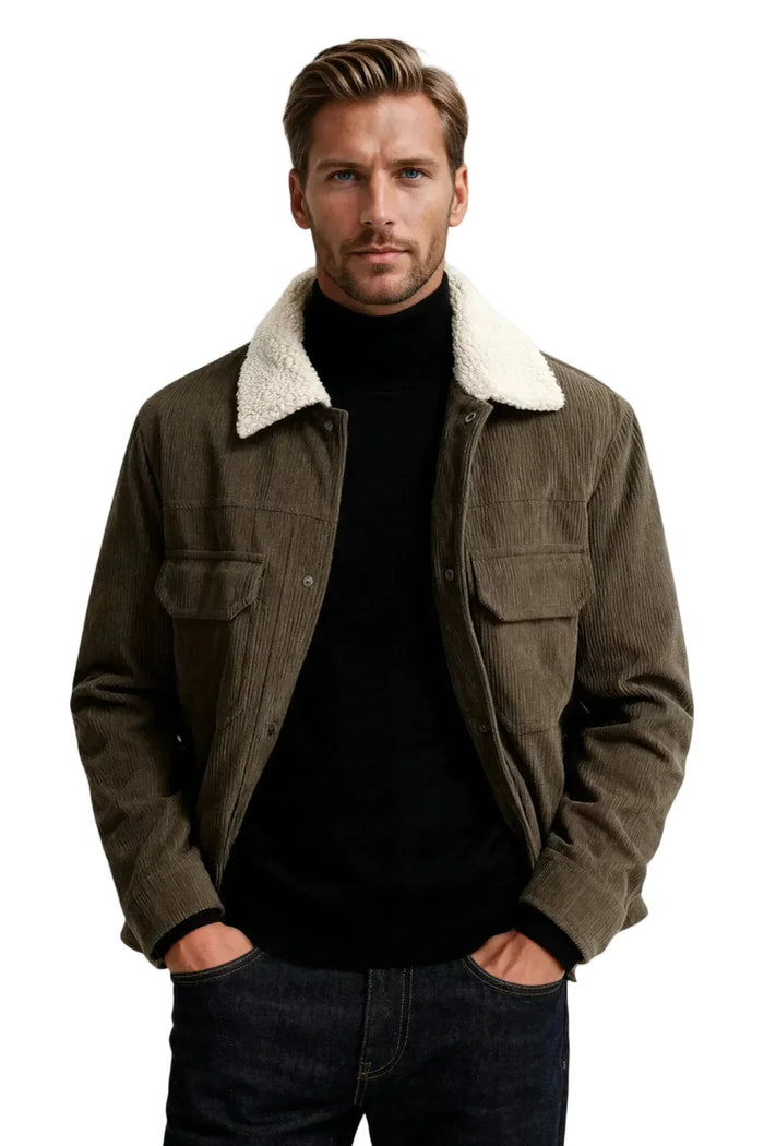 Men's Velvet Jacket with Sherpa Collar and Snaps - Coffee Brown