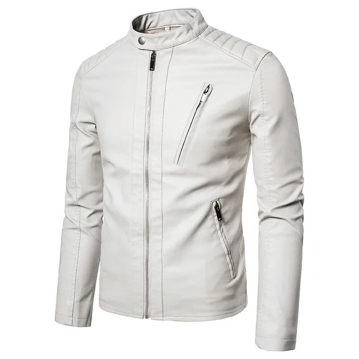 Men's Leather Jacket, Stand Collar, White and Red