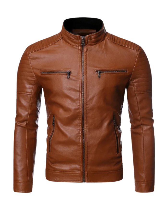 Men's Leather Jacket, Stand Collar, Black and Dark Brown